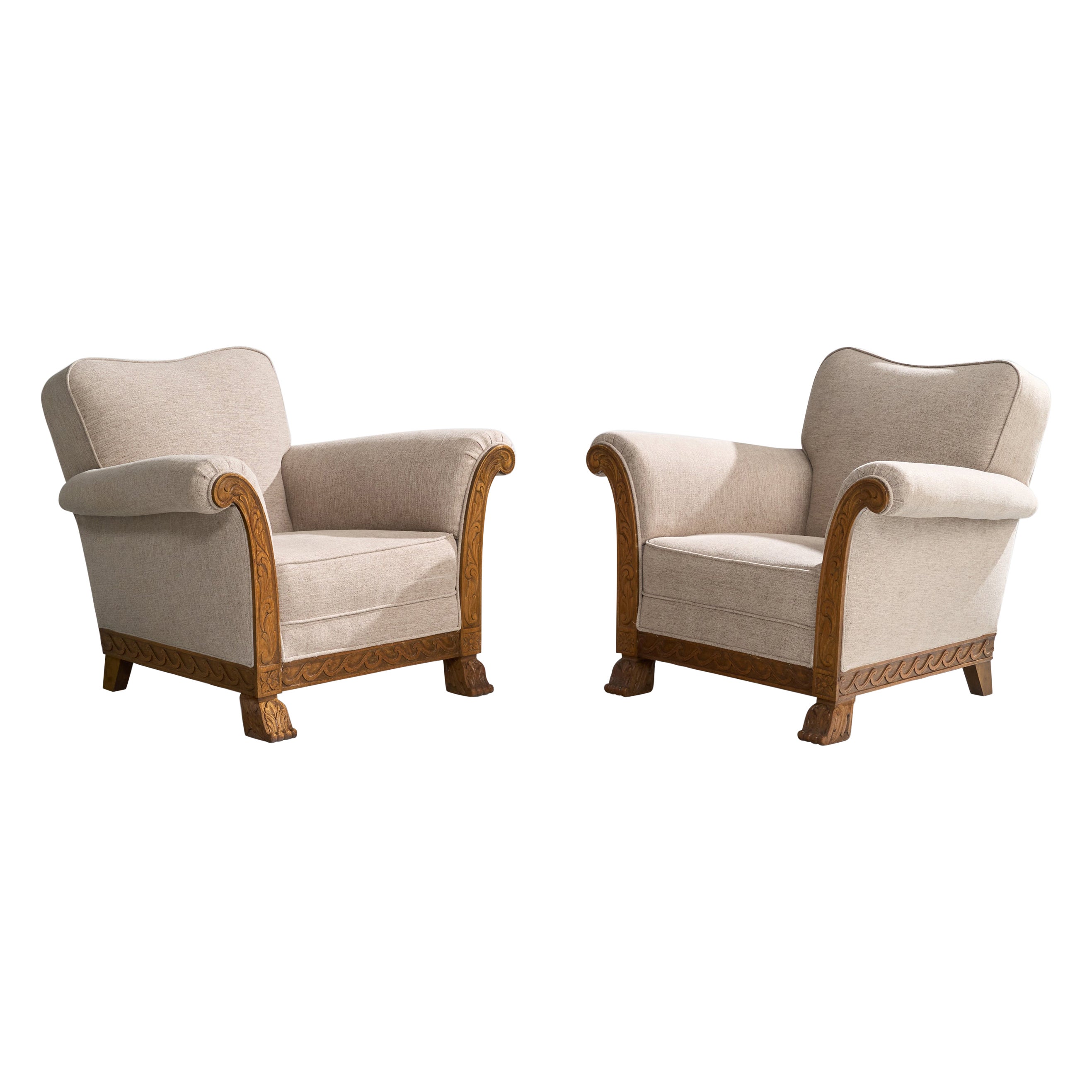 Swedish Designer, Lounge Chairs, Oak, Fabric, Sweden, 1940s