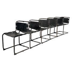 A set of 6 cantilever leather and metal chrome dining chairs, 20th century