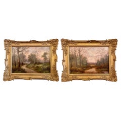 Pair Antique French "E. Ronal" Oil on Wood Panel Landscape Paintings Circa 1900.