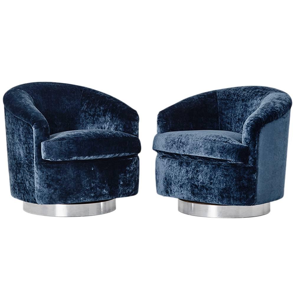 Milo Baughman, Pair of Blue Velvet Swivels, circa 1970s