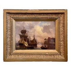Antique 19th Century French Framed Óleo sobre lienzo Pintura de barcos en el puerto.