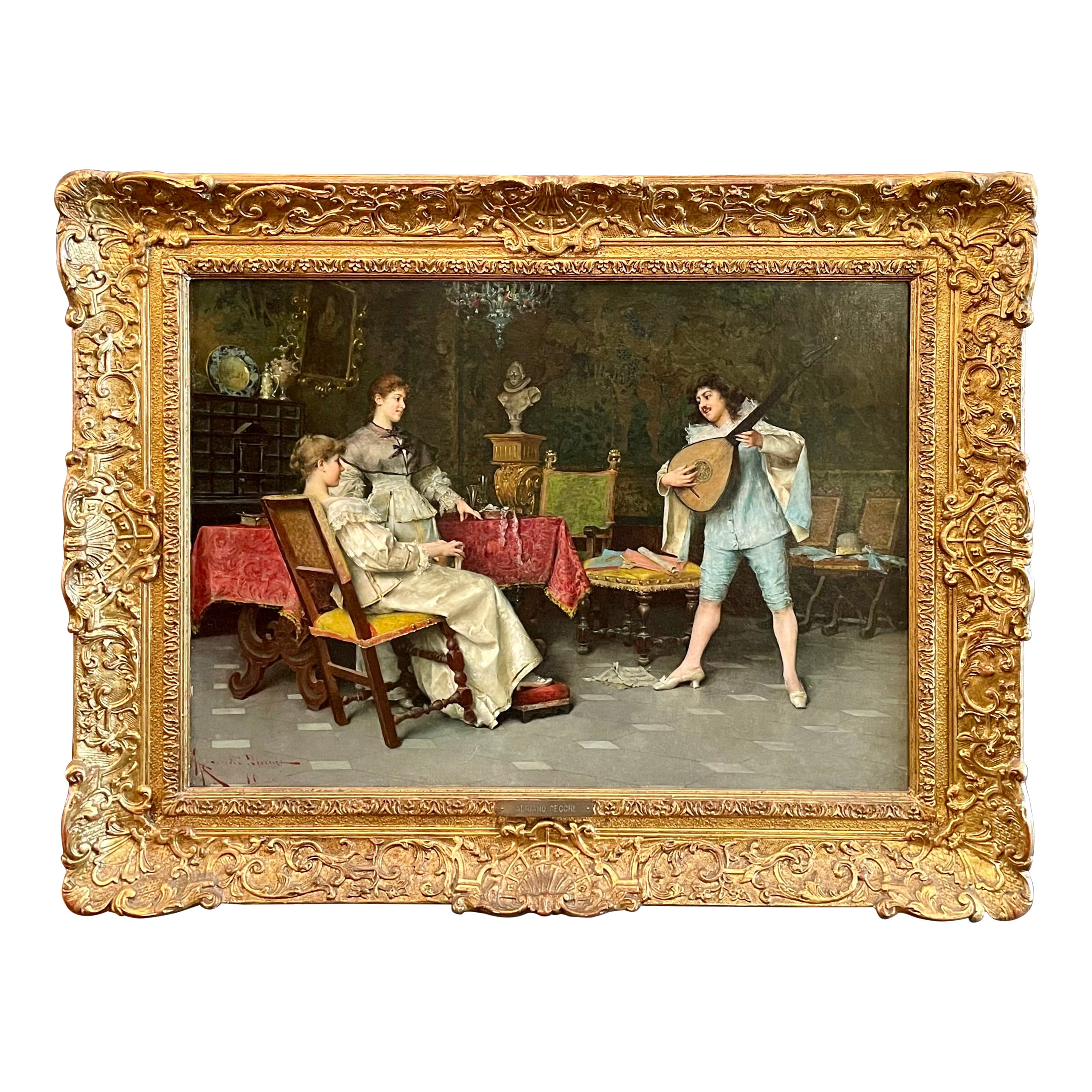 Antico dipinto italiano Adriano Cecchi olio su tela "La lezione di musica", 1890 ca.