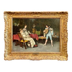Antique Italian Adriano Cecchi Oil on Canvas Painting "The Music Lesson" Ca 1890