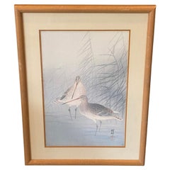 Vintage Ohara Koson Signed Framed Japanese Asian Print Snipes and Reeds In a Stream