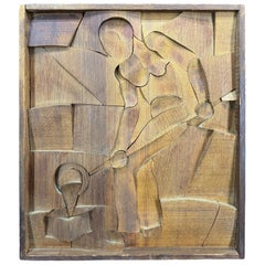 Panel de madera tallada de soplador de vidrio de mediados de siglo