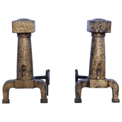 1930's Large Arts And Crafts Hammered Iron Andirons