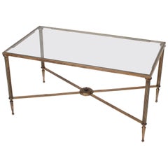 Neoclassic Style Brass and Glass Coffee Table, X-Stretcher, France, circa 1950