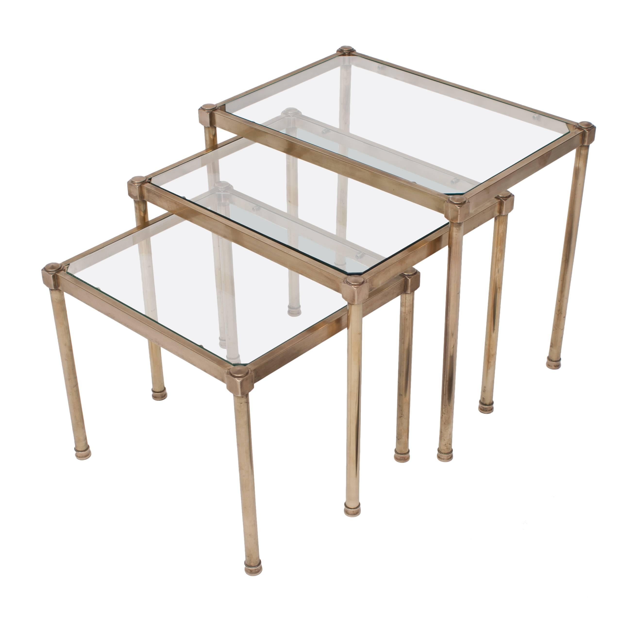 Set of Three Mid-Century Brass and Glass Nesting Tables, France, circa 1950 For Sale