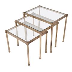 Set of Three Mid-Century Brass and Glass Nesting Tables, France, circa 1950