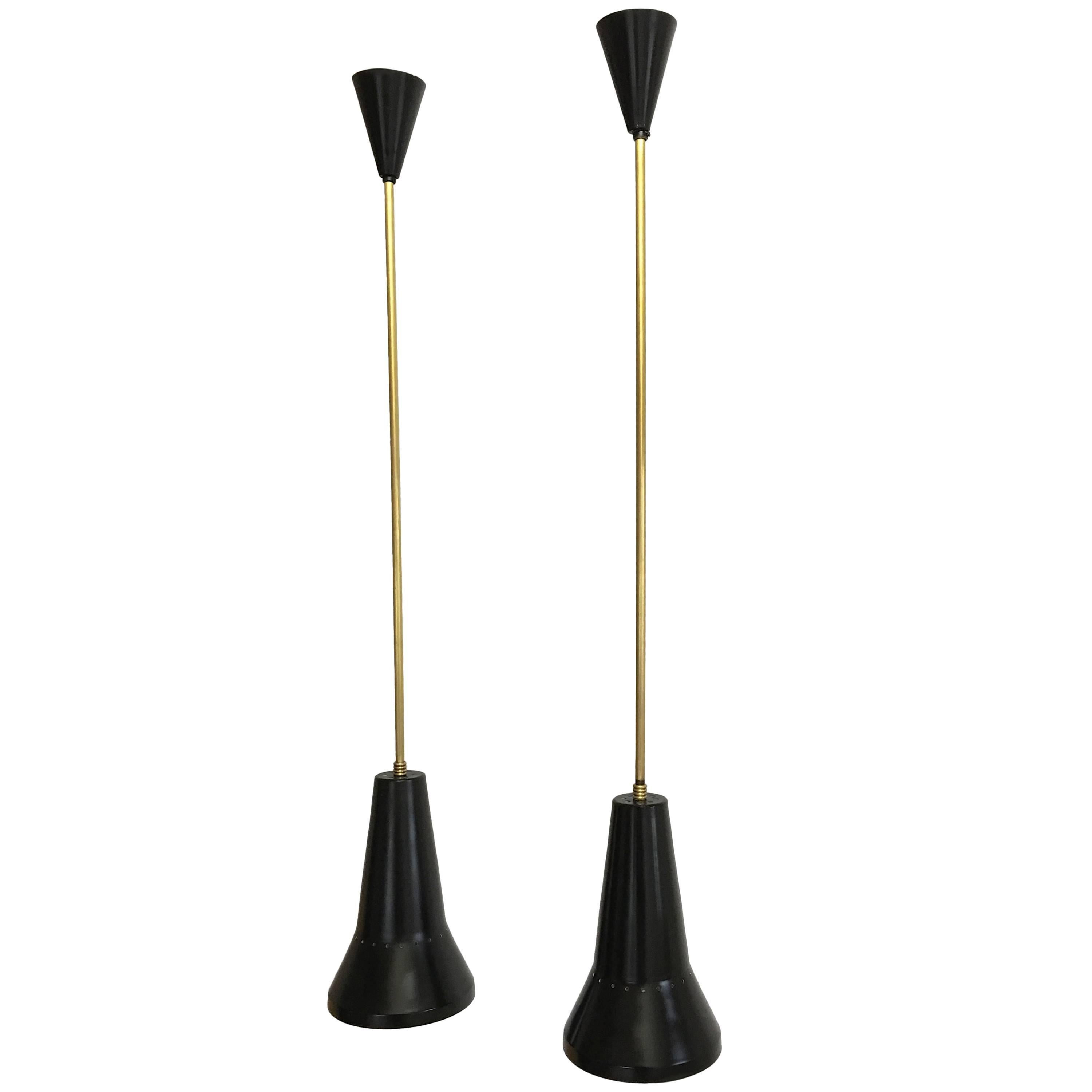 Pair of Two Mid Century Black and Brass Stilux Pendants For Sale