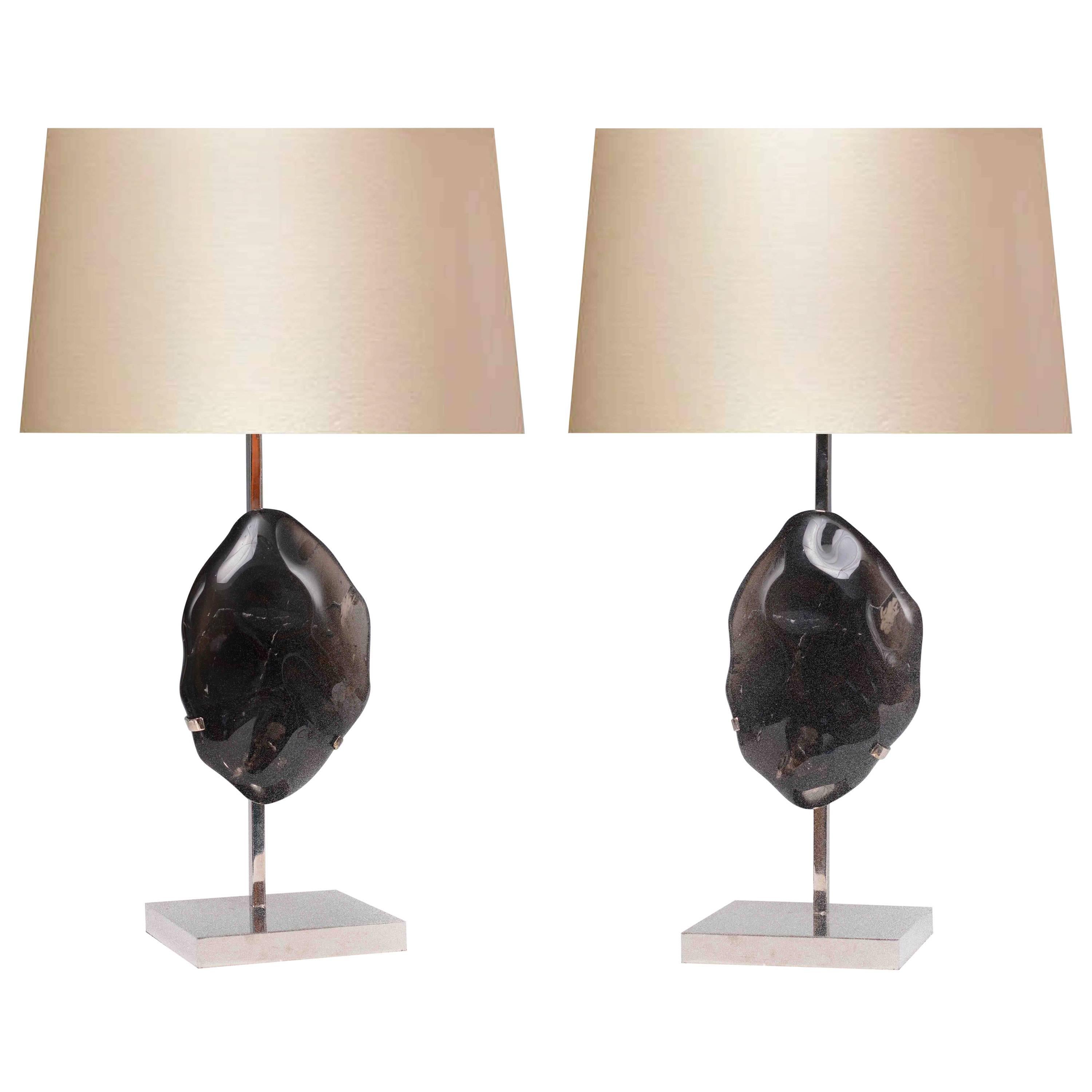 Pair of Modern Dark Rock Crystal Lamps For Sale