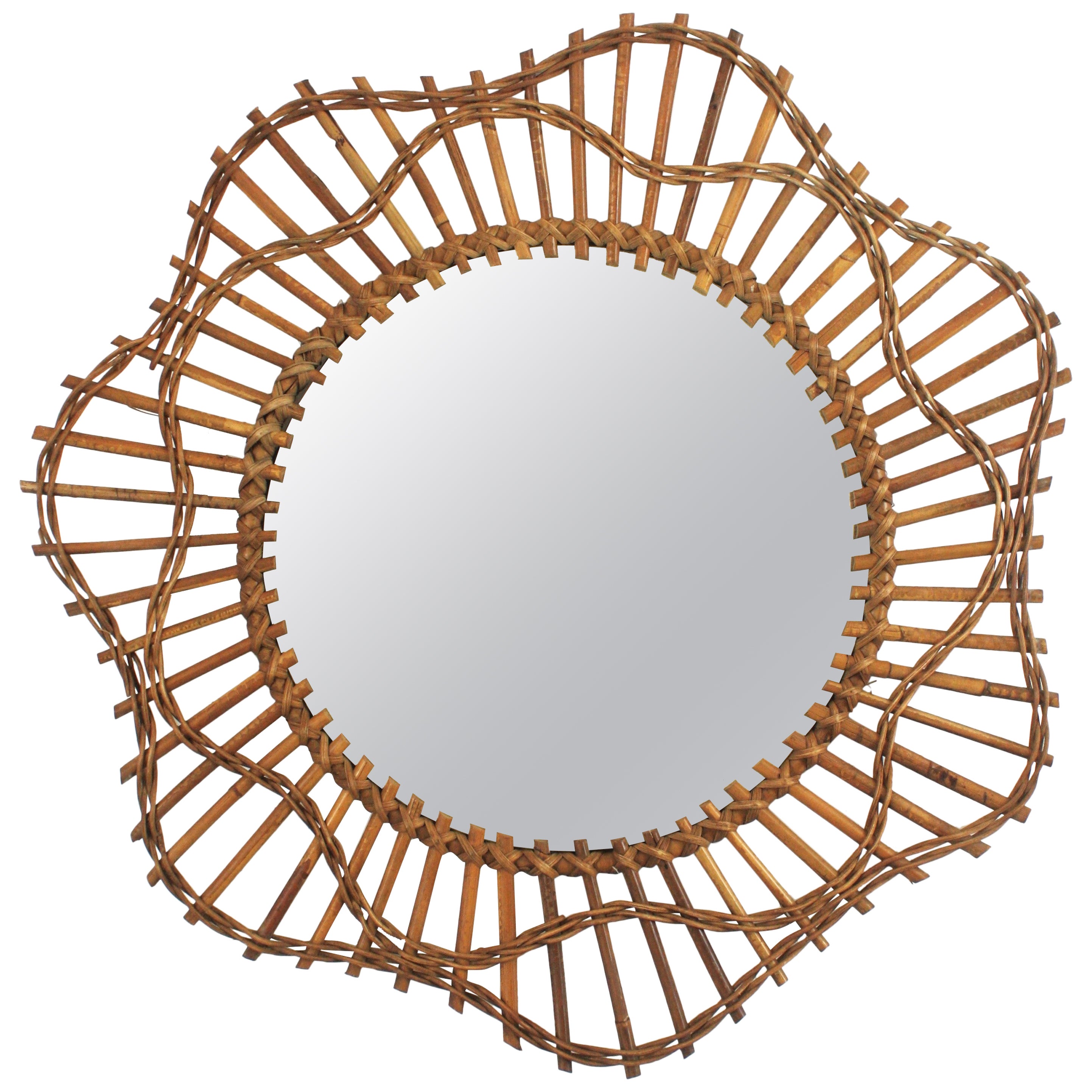 French Riviera Flower Shaped Wall Mirror in Rattan, 1950s For Sale