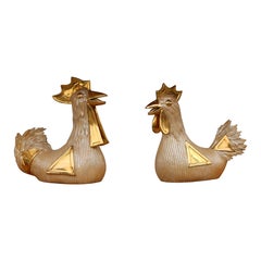 Grandes Esculturas Gallina y Gallo Italia 1970 en Oro 24 KT
