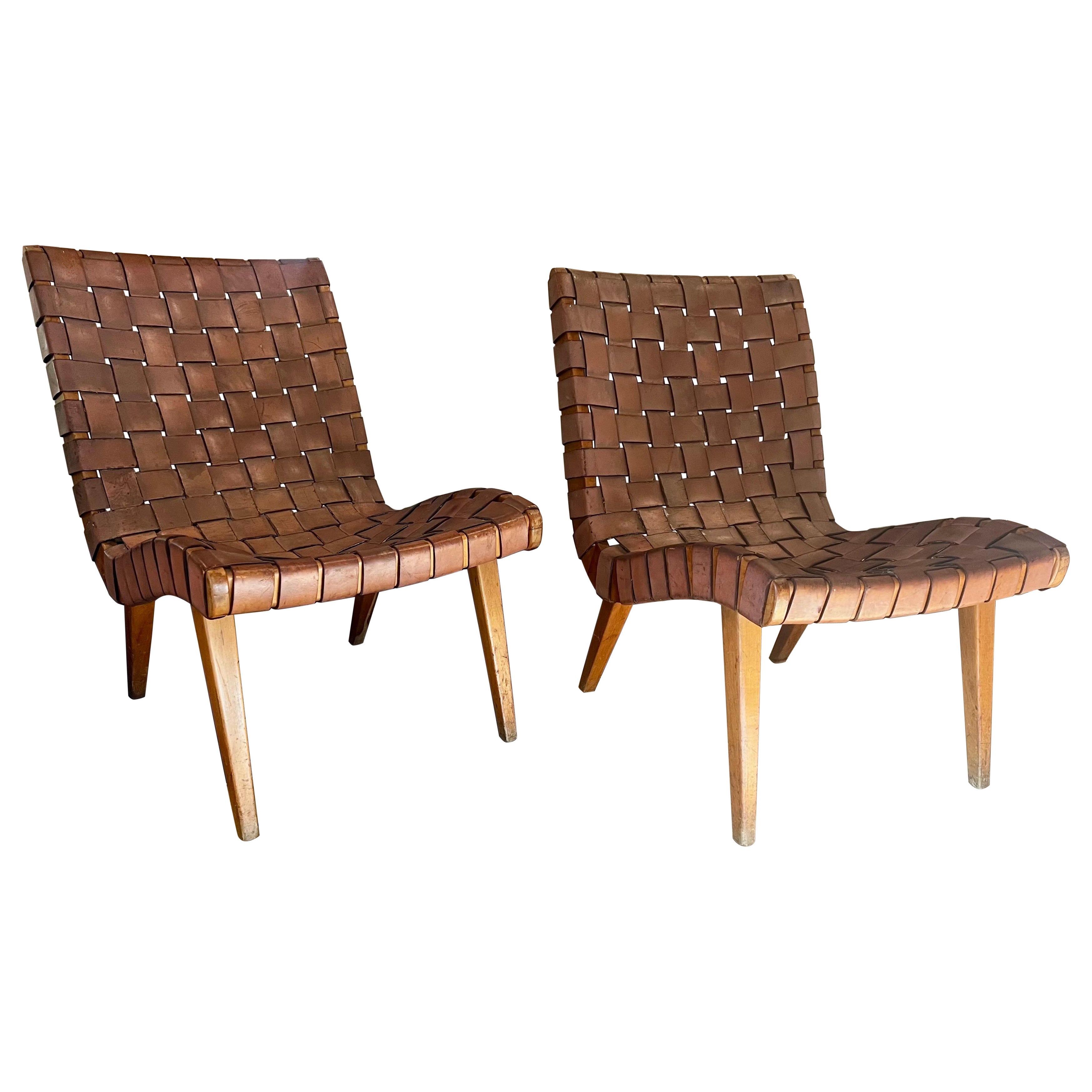 Pair of Early Woven Leather Lounge Chairs by Jens Risom for Knoll