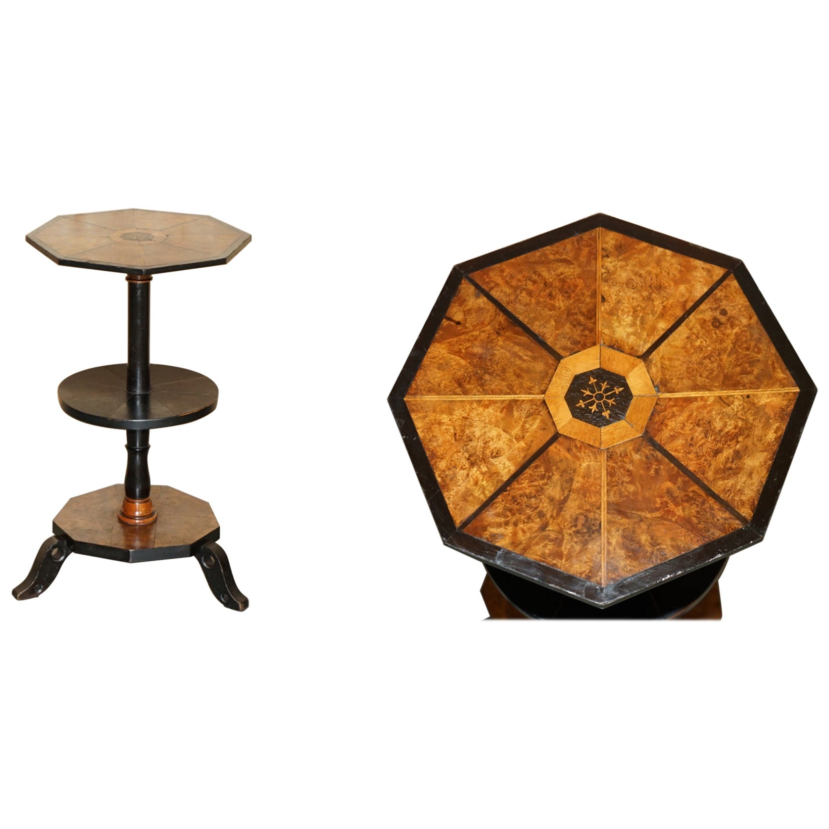 EXQUISITE ANTIQUE VICTORIAN HEXAGONAL BURR WALNUT THREE TIERED SiDE END TABLE For Sale