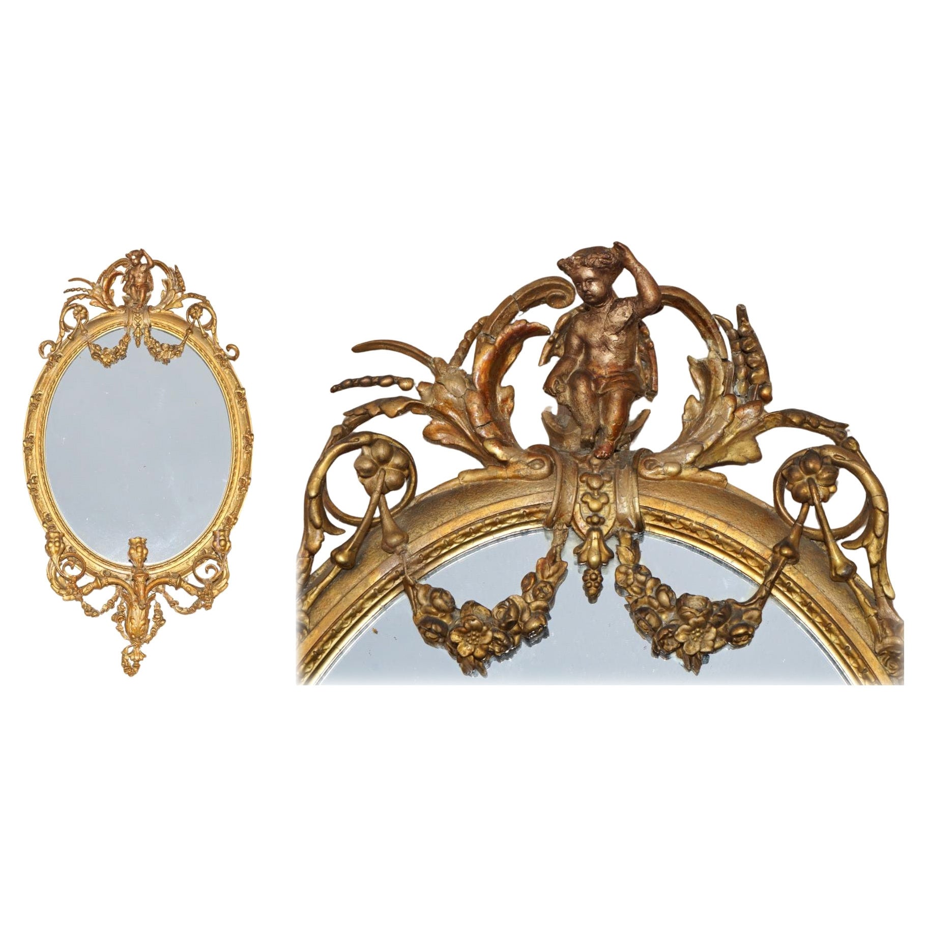 Original circa 1800 Marco Dorado Oro Girandole Espejo Tallado Querubín Putti Angel