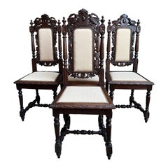 Set 4 Antique French Dining Chairs Renaissance Carved Oak Bird Black Forest