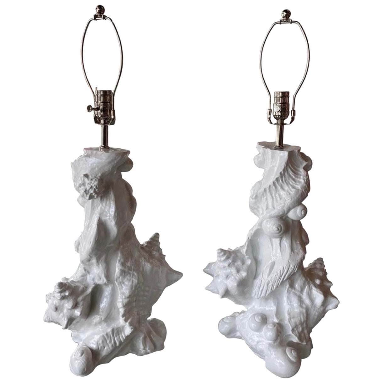 Vintage Pair of Plaster Seashell Shell Table Lamps by Sirmos Newly Restored