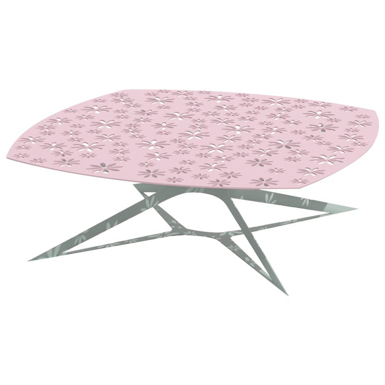 Mesa de centro cuadrada de exterior moderna rosa y gris con diseño floral