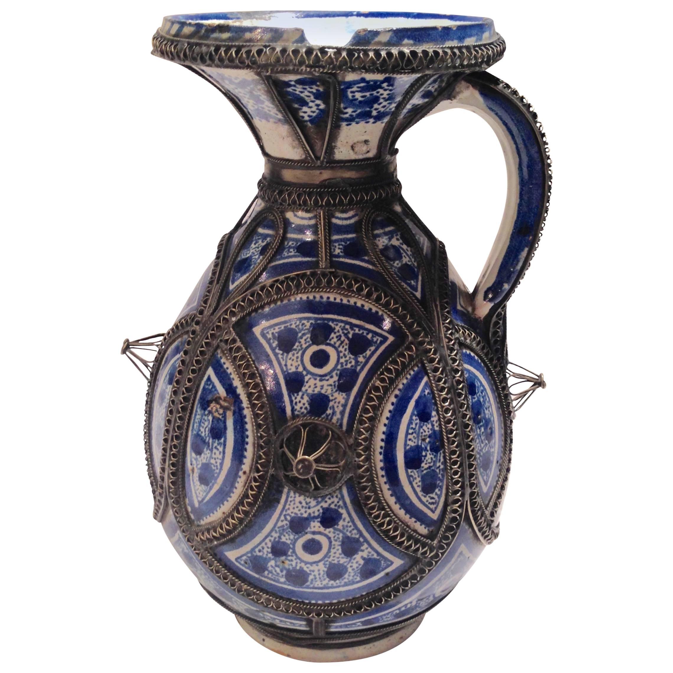 Vintage Morocco Ceramic Handled Pitcher with Silver Overlay