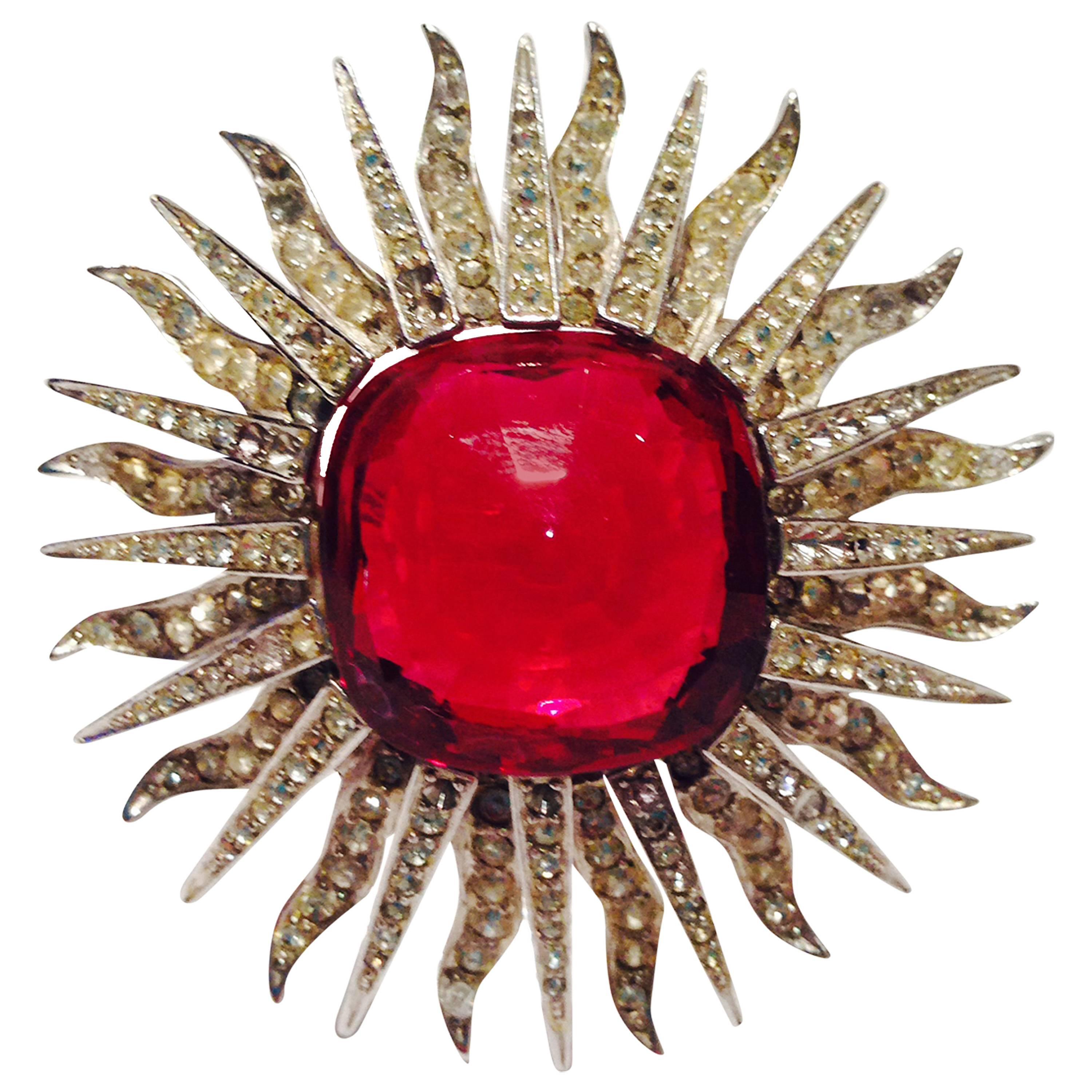 Marcel Boucher Ruby Red Starburst Brooch, Signed