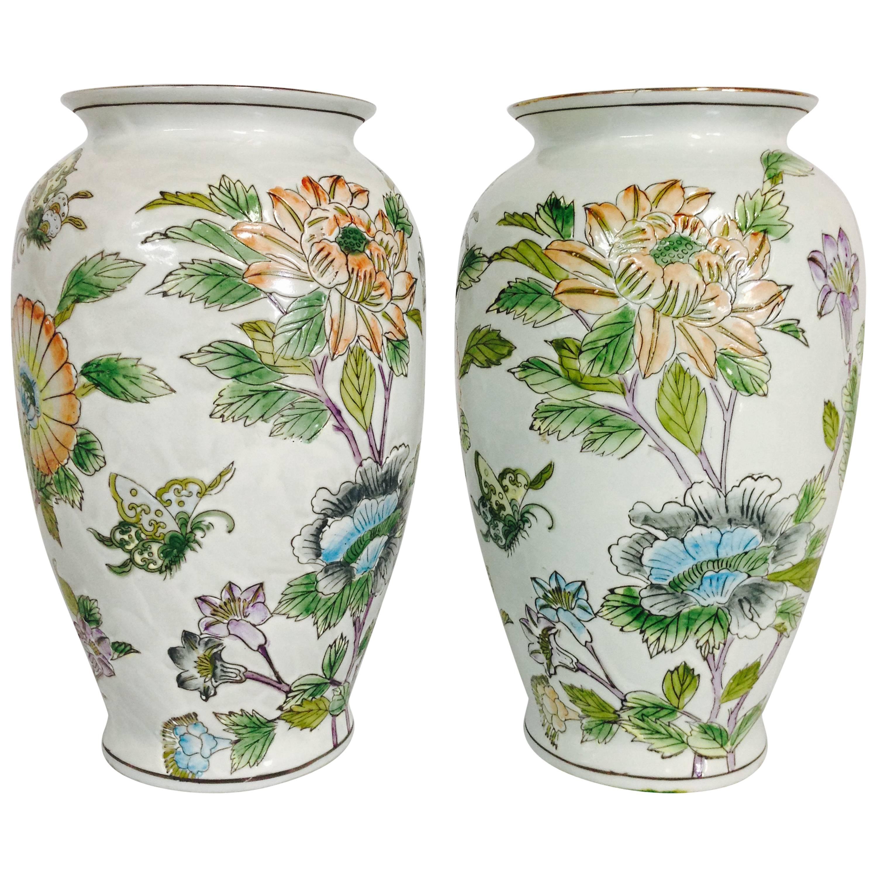 1970s Chinese Hand-Painted Flora Vases, Pair