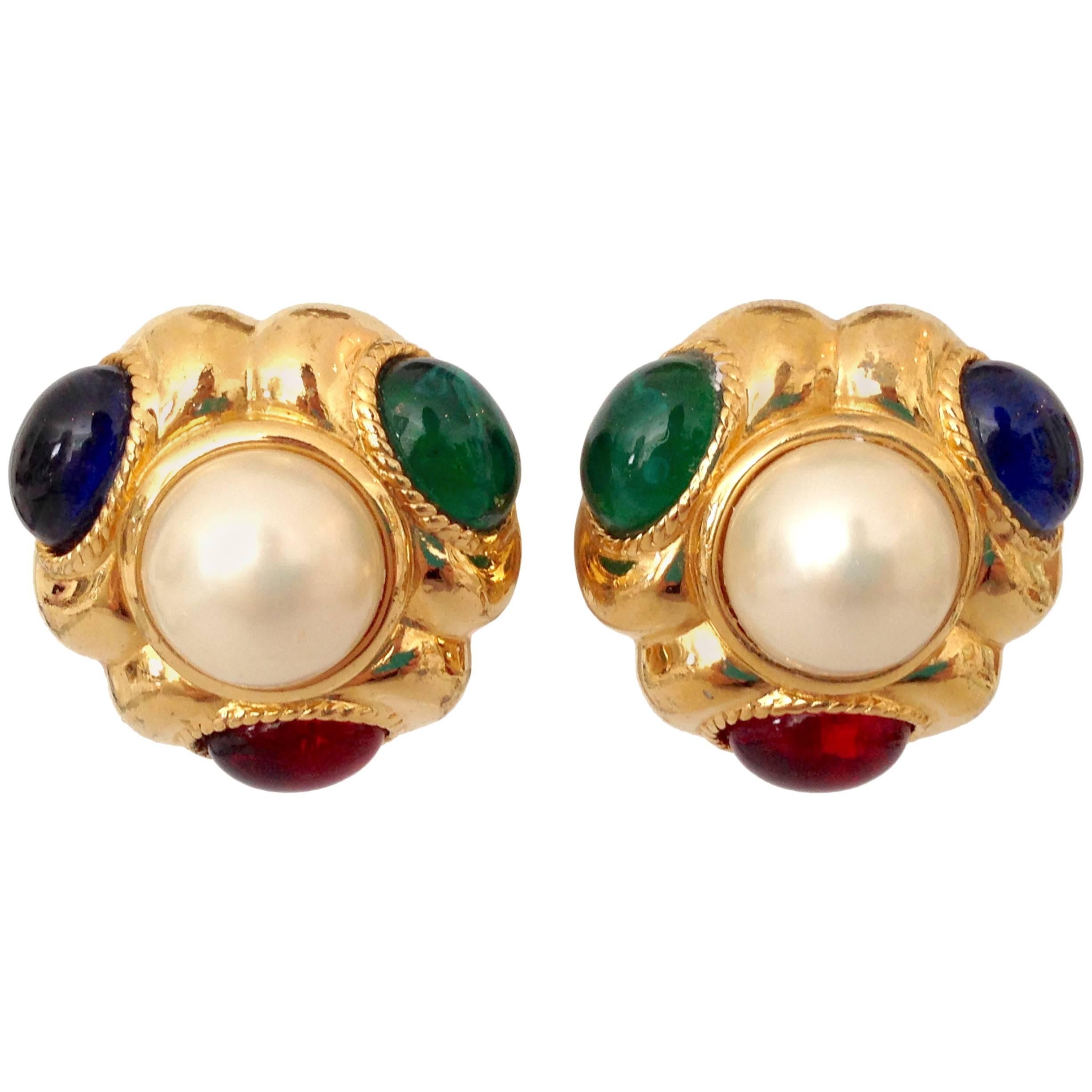1980s Ciner Gold Plated Faux Pearl and Cabachon Set Glass Jem Stone Earrings