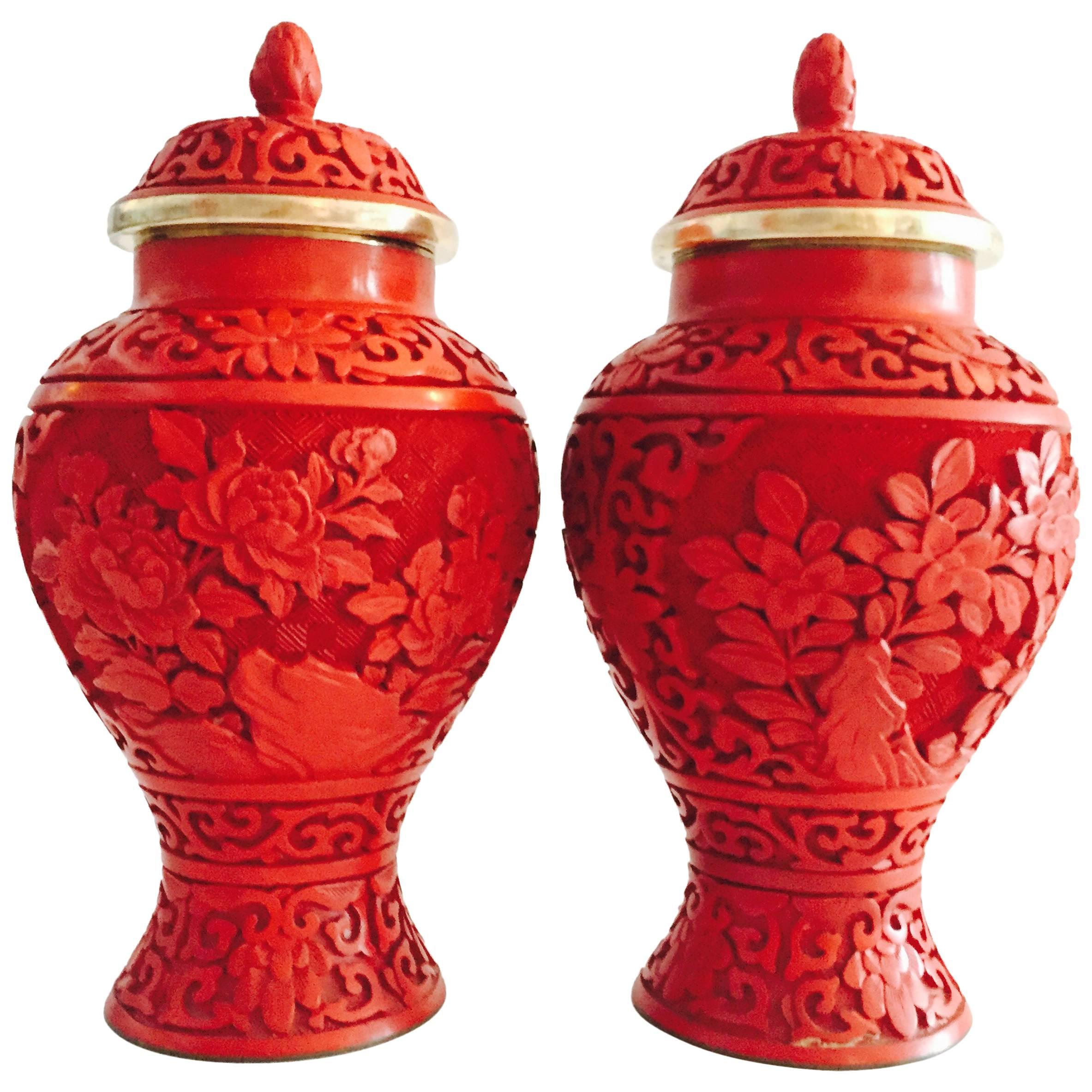 Pair of Chinese Cinnabar and Cloisonné Lidded Jars
