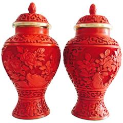 Antique Pair of Chinese Cinnabar and Cloisonné Lidded Jars