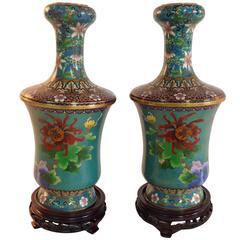 Pair of Mid-Century Chinese Cloisonné Enamel Vases on Carved Wood Bases