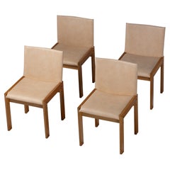 Set of Four Dining Chairs in Oak and Leather, France, 1970s