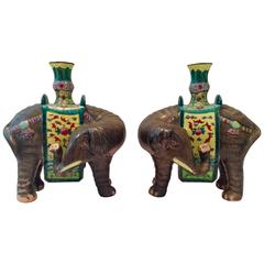 Antique 19th Century Pair of Porcelain Famille Elephant Candlesticks