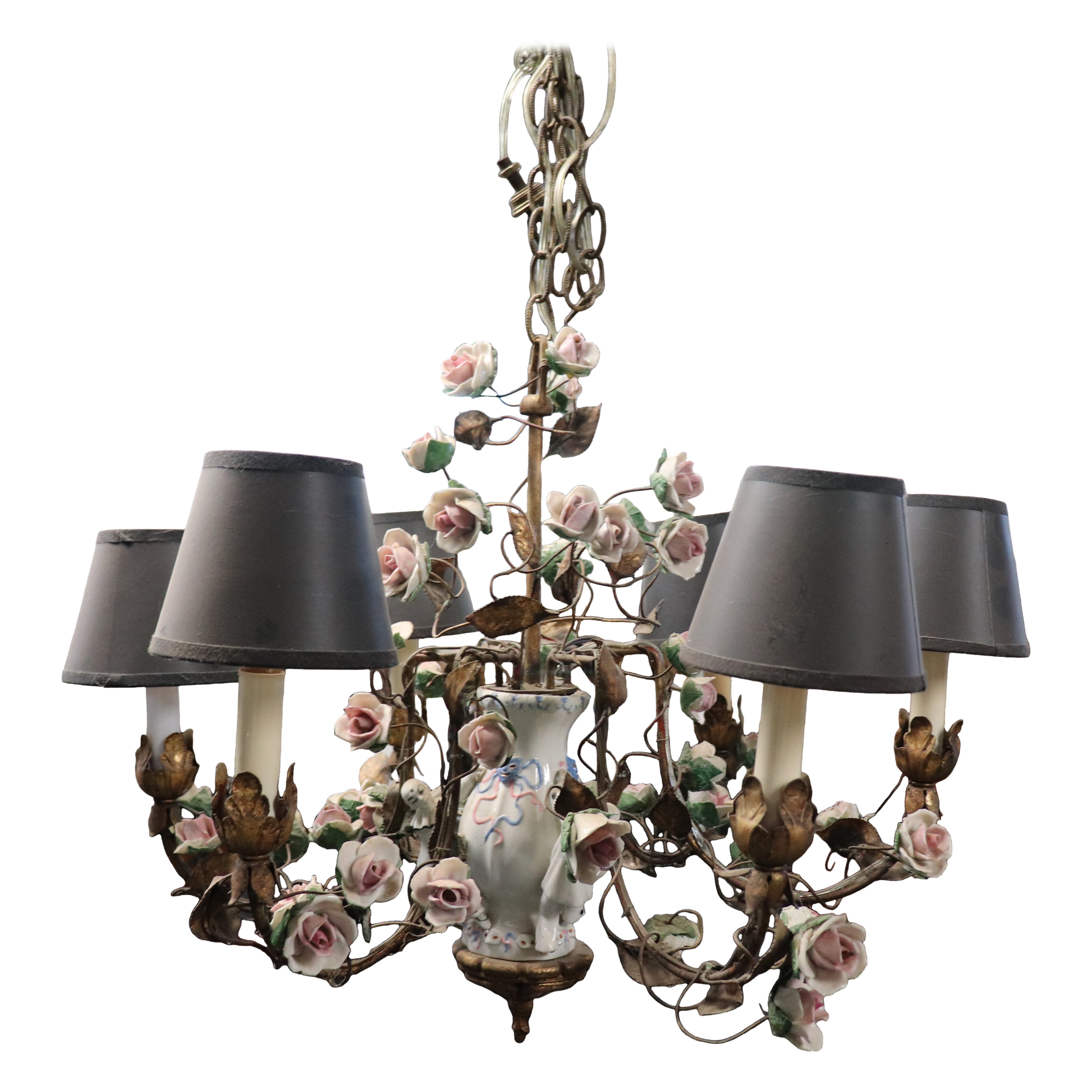 Meissen style Porcelain Figural Floral Chandelier with Gilt Details Italian Made For Sale