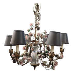 Meissen style Porcelain Figural Floral Chandelier with Gilt Details Italian Made