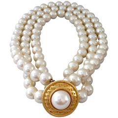 1980s Givenchy Gold Logo Clasp Triple-Strand Faux Pearl Necklace