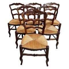 Set 6 Vintage French Dining Chair Rush Seat Louis XV Ladder Back Carved Oak