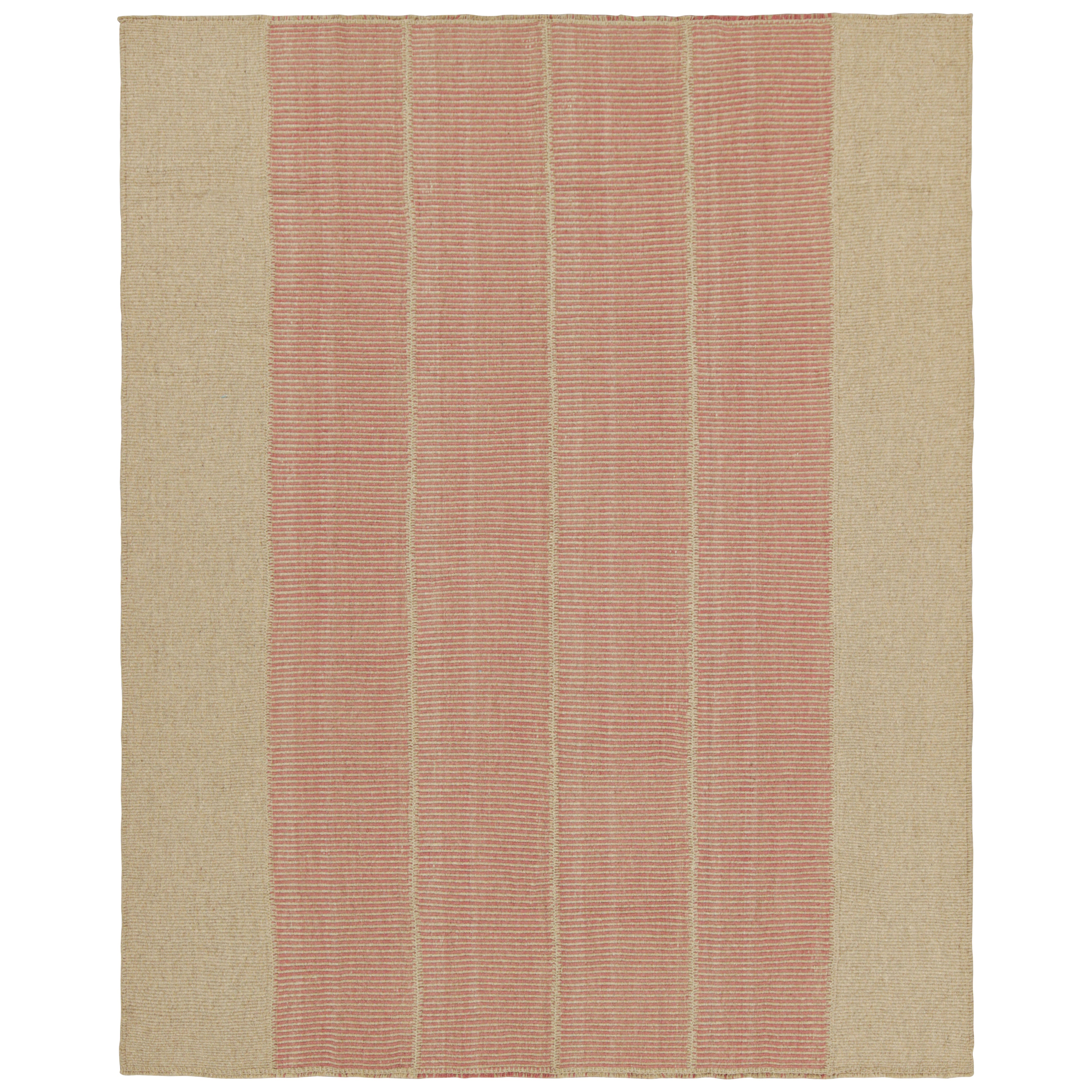 Rug & Kilim’s Contemporary Kilim with Textural Beige and Pink Stripes For Sale