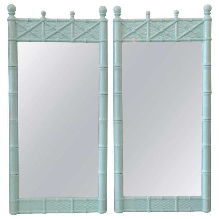 Pair of 1970s Lacquered Tiffany Blue Faux-Bamboo Mirrors at 1stDibs