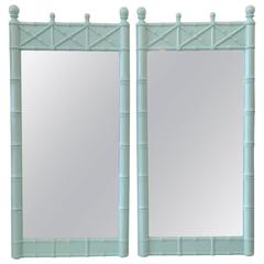 Pair of 1970s Lacquered Tiffany Blue Faux-Bamboo Mirrors