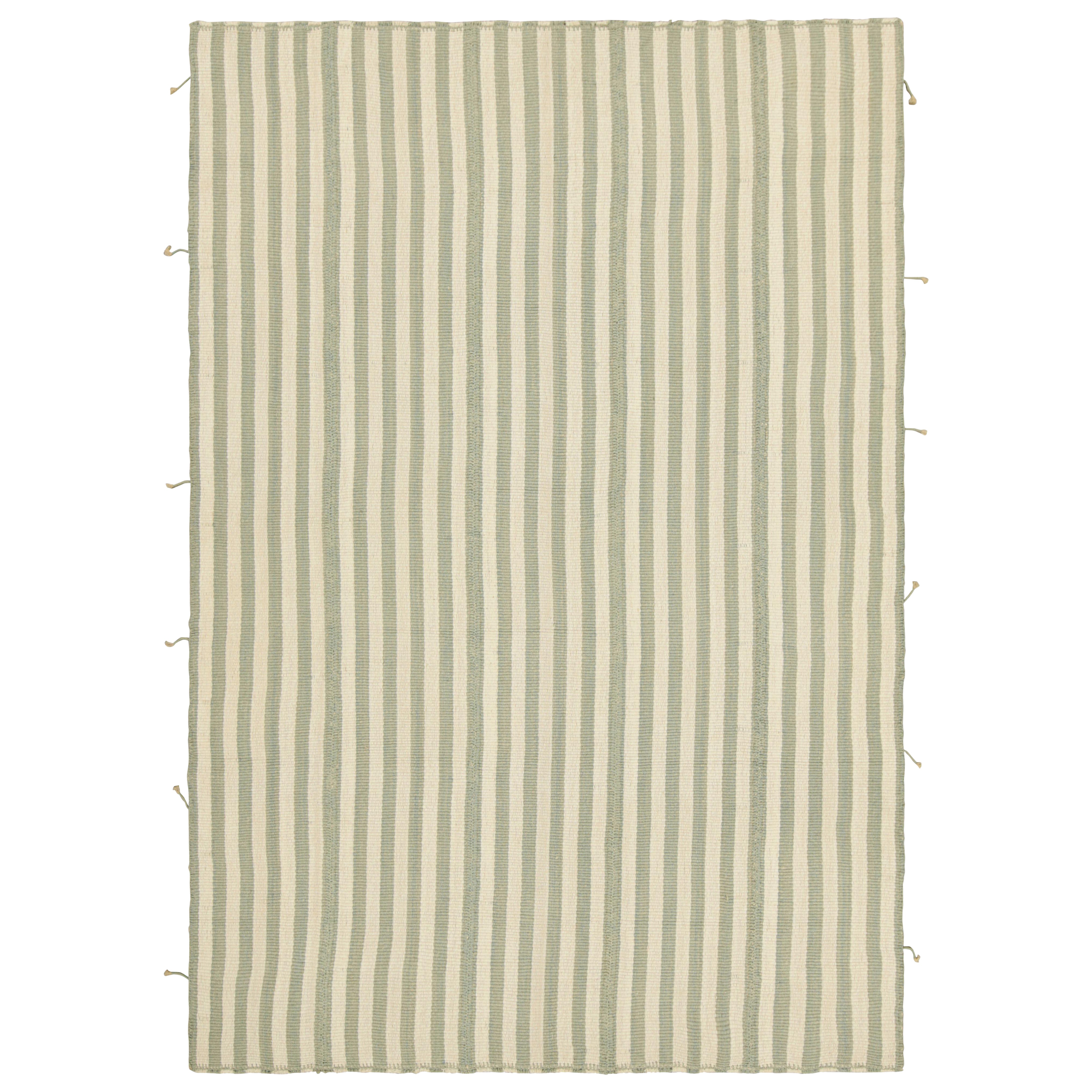 Rug & Kilim’s Contemporary Kilim with Textural Blue and Cream Stripes For Sale