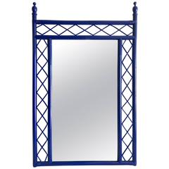 1960s Bright Blue Lacquered Bamboo and Rattan Mirror