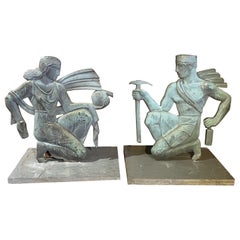Antique Pair of Solid Bronze Architectural Art Deco Figures From a Chicago Balcony c1925