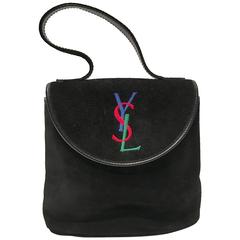 YSL Black Suede Embroidered Logo Handbag