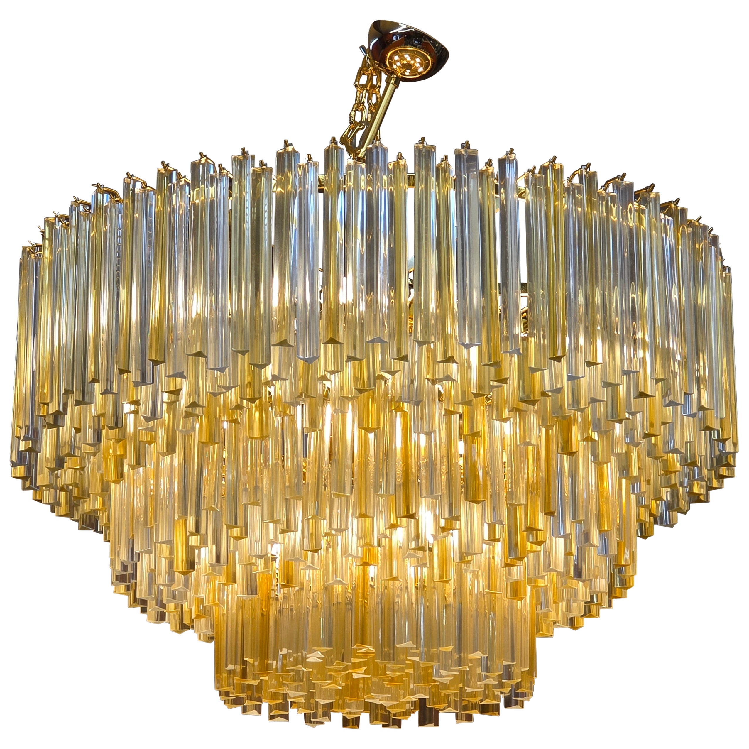 Large Amber and Brass Murano Triedri Chandelier