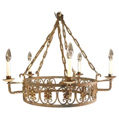 Lampadario a 5 luci in ferro battuto francese o italiano dei primi del Novecento