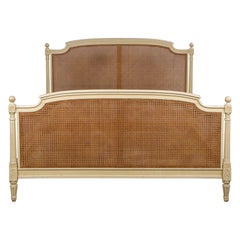 Antique French Louis XVI Style Painted Fullsize Cane Bedframe
