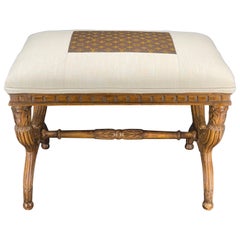 French Wood Stool Bench Upholstered in Louis Vuitton Monogram Fabric