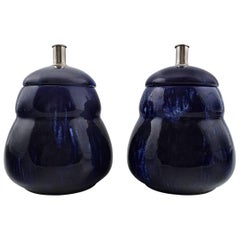 Vintage Pair of Rörstrand Lidded Vases in Dark Blue Faience. 1930s-1940s