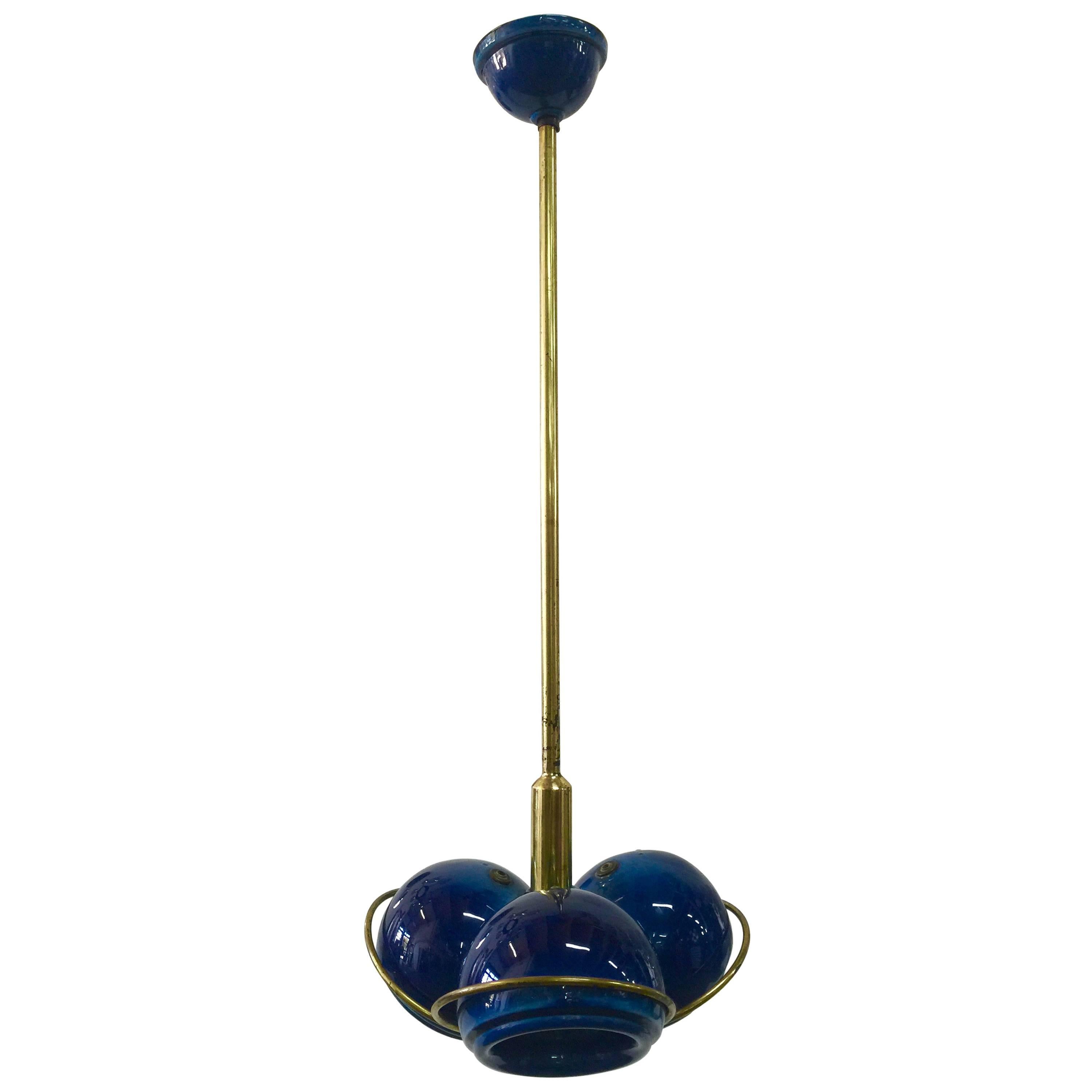 Rare French Modernist Deep Blue Ceramic Hanging Light