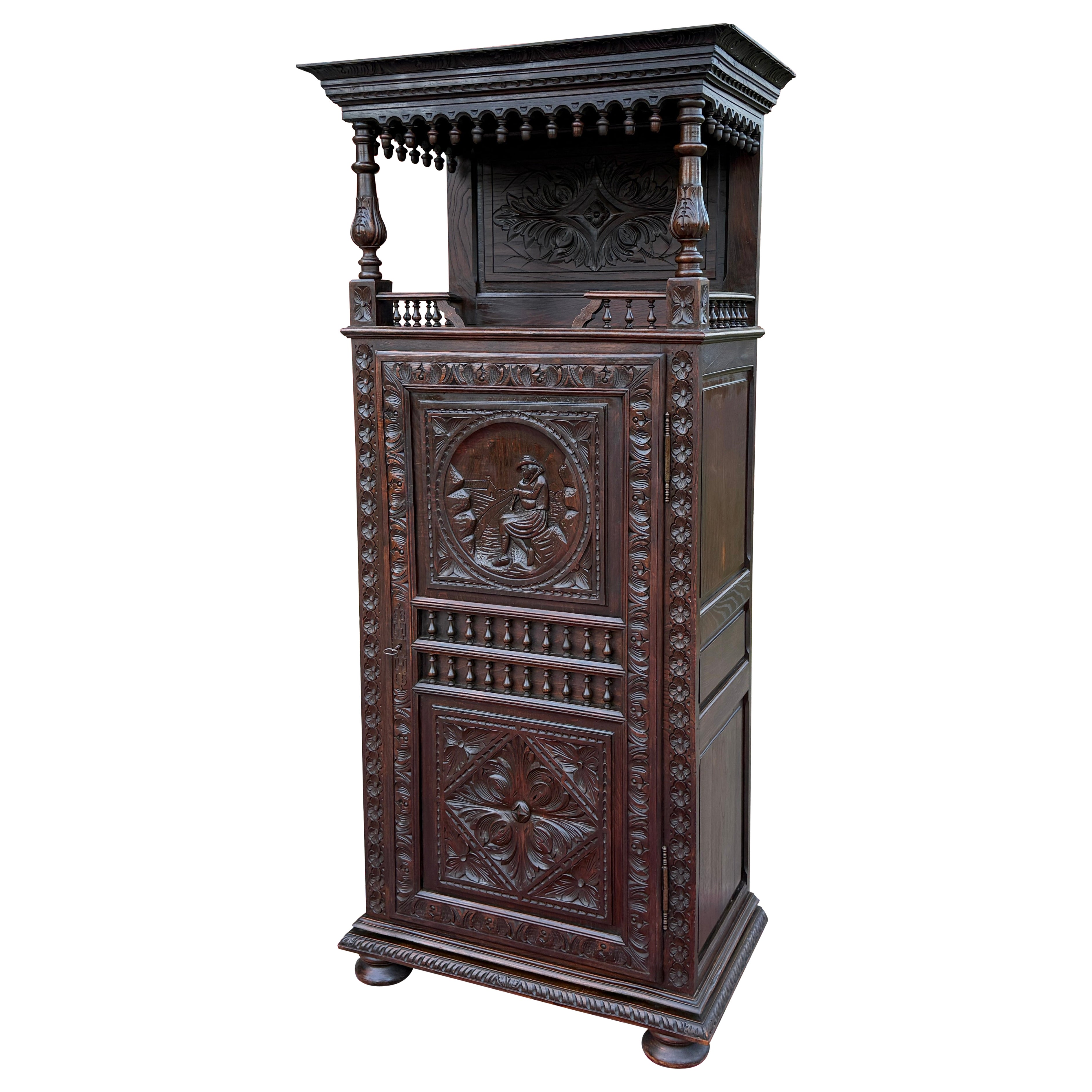 Antique French Armoire Cupboard Linen Cabinet Breton Bonnetiere Chestnut 19th